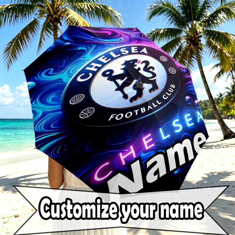 Custom Name Personalized Chelsea F.C Print Umbrella, Auto Open Close, 8‑Rib Sturdy Frame, Commute Camping Hiking Use, Birthday Gift