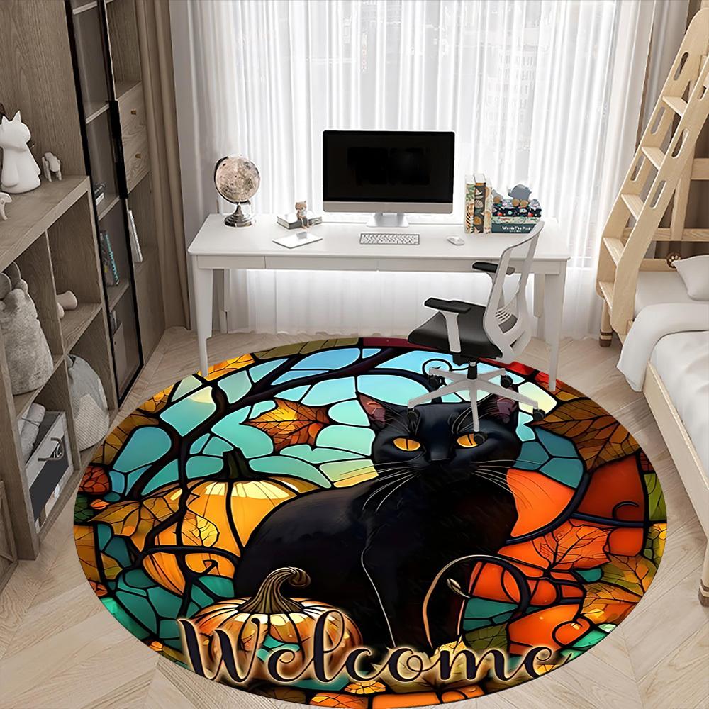 1pc Pumpkin Cat Office Round Area Rug, Under Office Chairs Bedroom Living Room Home Decor, Room Deco, Available in Various Sizes