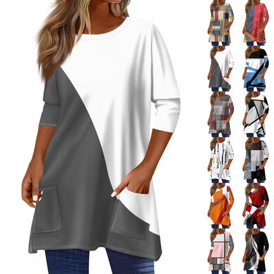 3/4 рукава кармана топы для женщин футболка повседневный принт средней длины топы футболка круглый вырез пуловер блузка