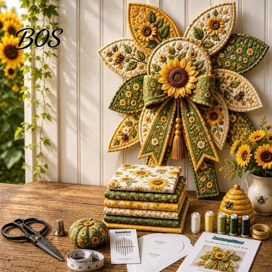 Bee Sunflower Butterfly Motif DIY Quilted Hanger Kit for Door Wall, Wreath Patchwork Bow Sewing Artistic Needlework Project Kit, Fabric Craft Adults &