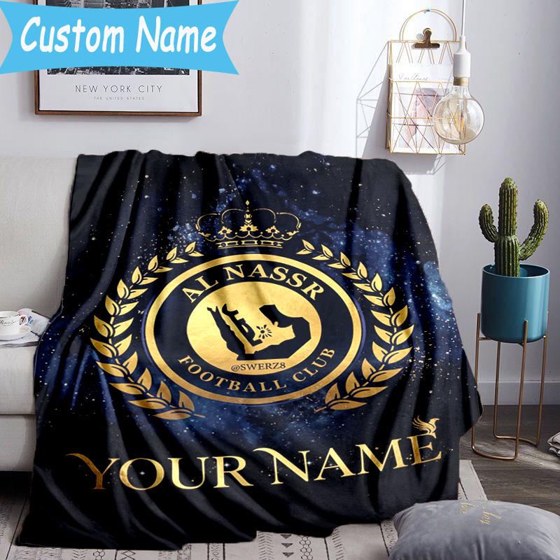 Custom Name Al-Nassr Football Club Flannel Blanket, Use for Birthday/Holiday Gift, Soft Blanket for Sofa/Bed/Camping/Office, Home Decor