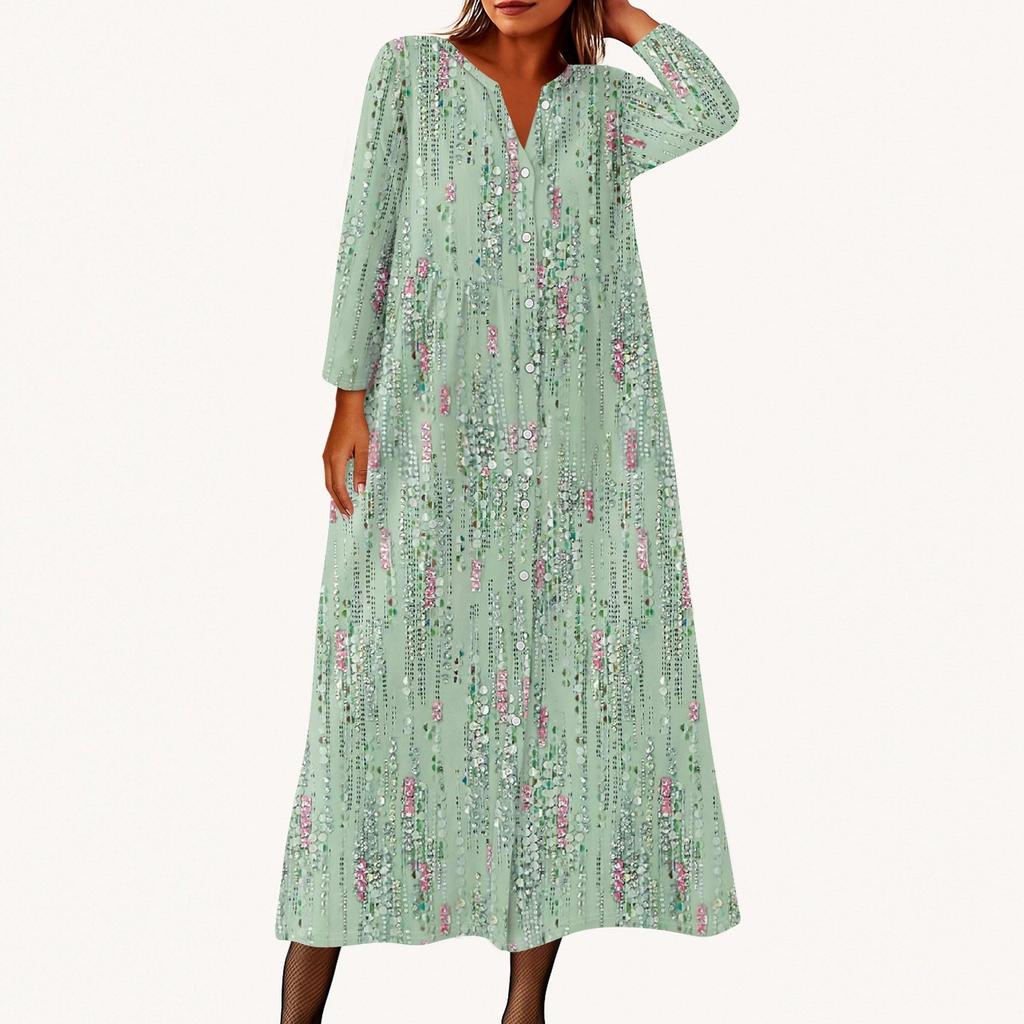 Women's Fashionable Printed Round Neck Seven Quarter Sleeve Button Loose Shirt Dress