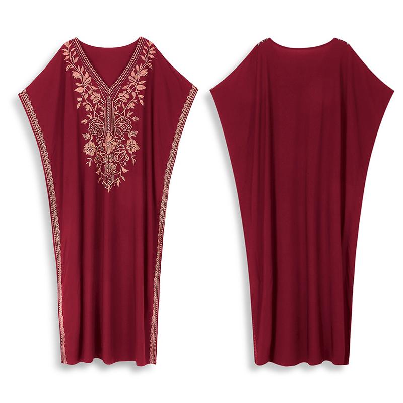 EDOLYNSA 2024 Gold Thread Embroidered Plus Size Casual Vacation Beach Dress Summer Swimsuit Coverup For Women V Neck Bat Sleeve Black Kaftan