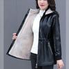Women's Winter Mid-Length Slim-Fit PU Leather Jacket Fall/Winter Fleece Lining Tops