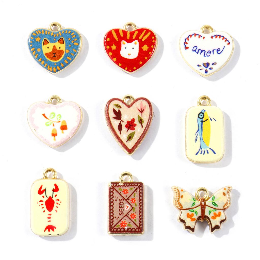 2 PCs Brass Charms Heart Rectangle Double-Sided Flower Lobster Printed 18K Gold Plated Pendants DIY Necklace Jewelry Findings