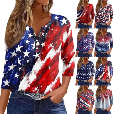 Жен. Футболка С принтом Пуговицы Рукав 3/4 Повседневные Выходные Мода Классический Классический V-образный вырез Обычный Верх