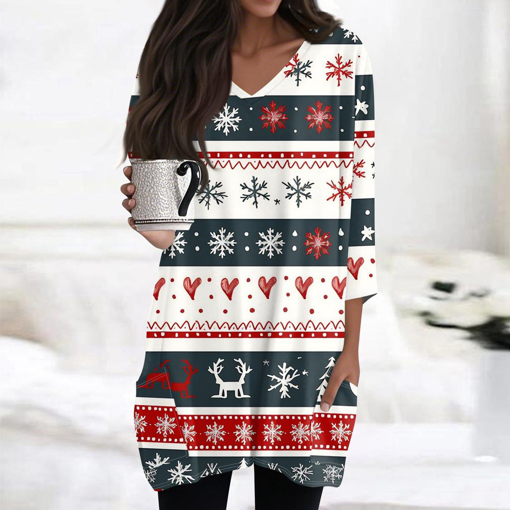 Женские топы с V-образным вырезом и рукавом 3/4, повседневные блузки средней длины, модные туники с рождественским принтом и карманами