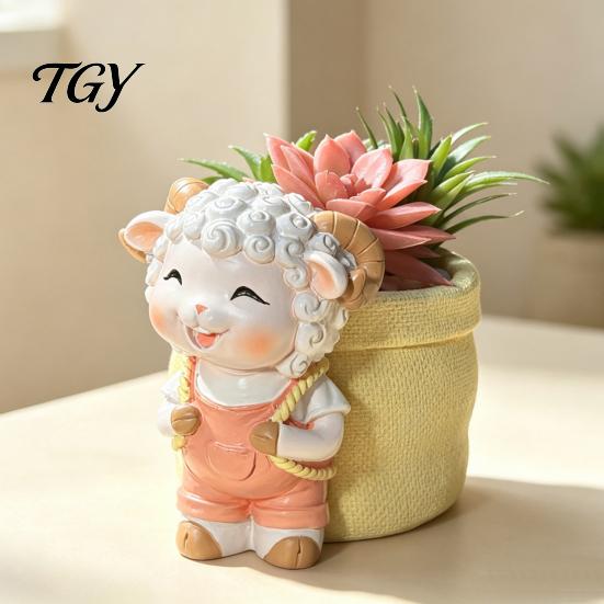 Cartoon Sheep Succulents Pot Cute Lamb Planter, Carring Bag Plant Pot, Creative Home Decor Gift Small Resin Flower for Succulents, Houseplants,