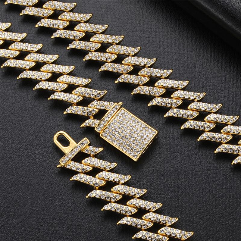 Браслет-цепочка в стиле хип-хоп с кубинскими звеньями и 2 рядами шипов, 15 мм, Aaa +Iced Out, со стразами из сплава, для мужчин и женщин, ювелирные изделия