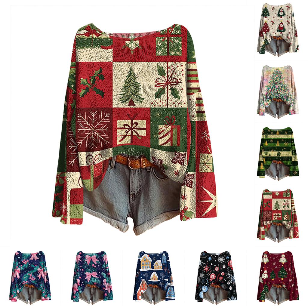 Women's Christmas Print Lightweight Sweater Casual Long Sleeve Knitted Pullover