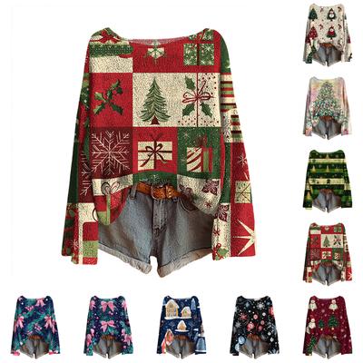 Женский легкий свитер с рождественским принтом, повседневный вязаный пуловер с длинным рукавом