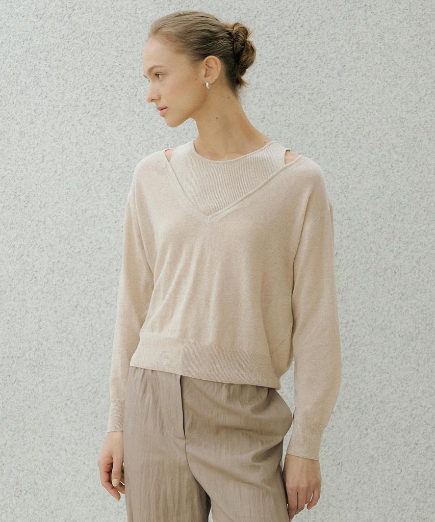 OCTETTE Linen V-Cut Layerd Knit_2Color