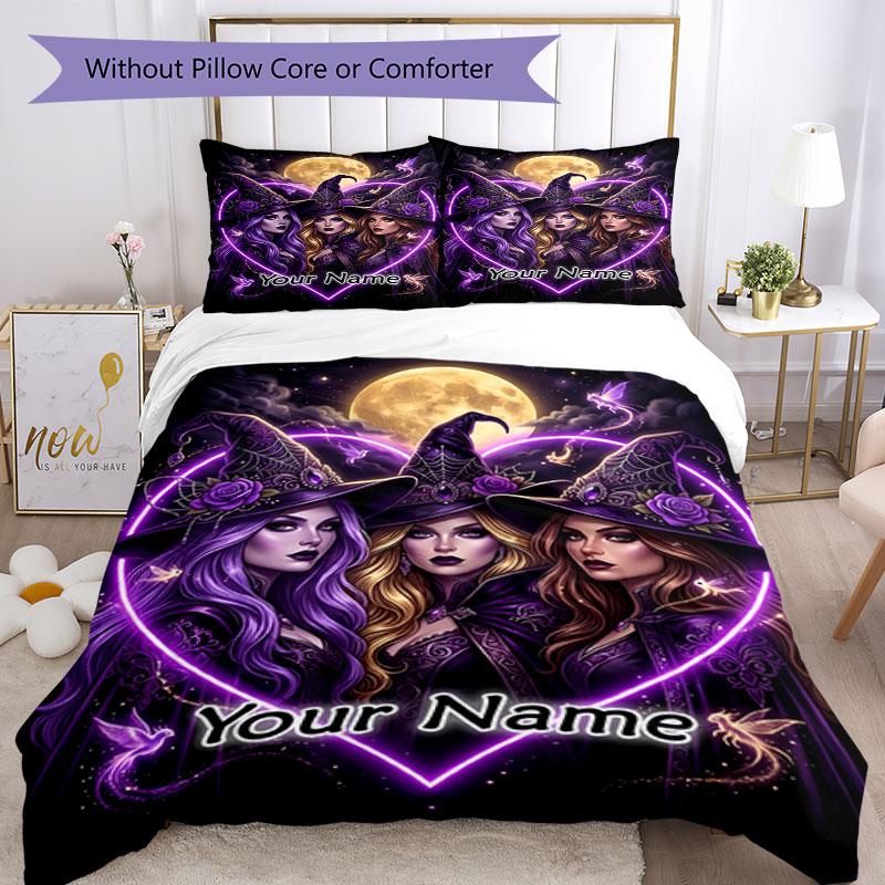3PC Custom Name Witchcraft Moonlit Night Bedding Set Printed Bedding Set Duvet Cover Closure Includes 1 Duvet Cover & 2 Pillowcases for All Seasons Be