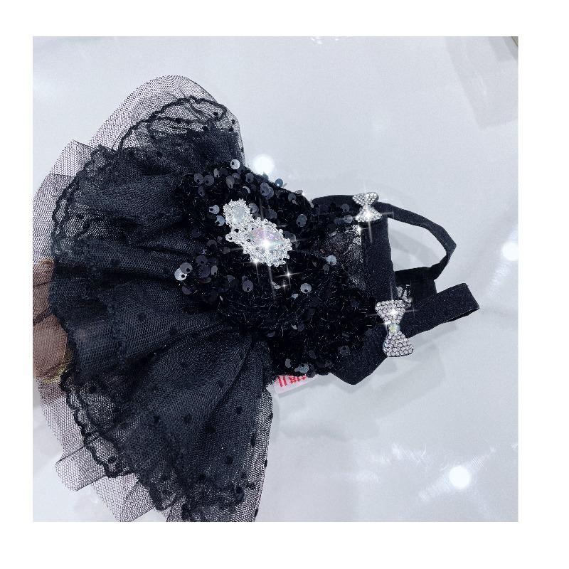 Black Red Gothic Pet Halter Dress Shiny Sequins Bling Crystal Brooch Double Bows Lace Ruffle Mesh Princess Sundress Pet Clothes