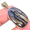 Natural Labradorite Gemstone 925 Sterling Silver Two Tone Pendant 1.77" B0r09