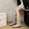 Cowhide Version~ Korean Version of Frosted Leather Pleated Stacking Boots 2025 Niche Ballet Style Bow Hollow Fashion Cool Boots