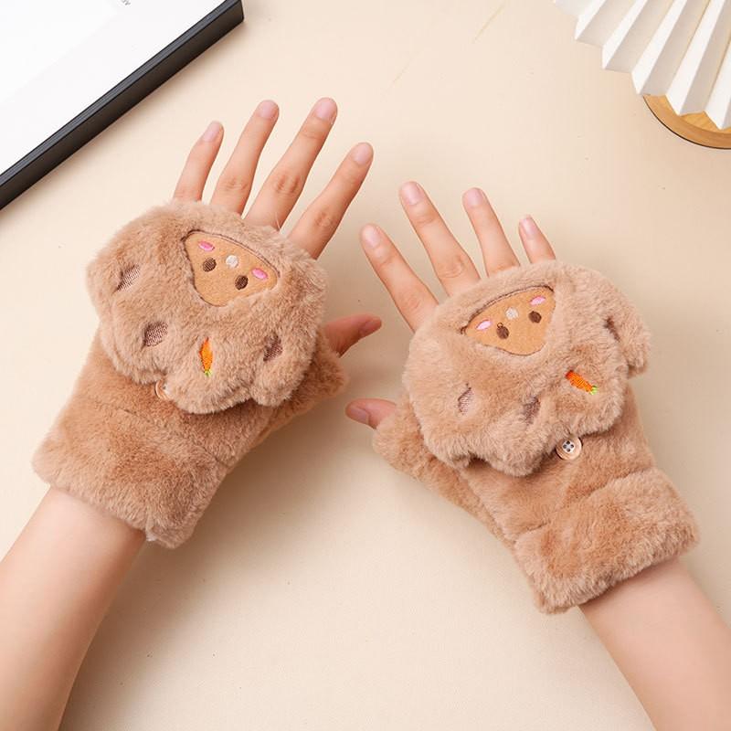 Warm Fleece Lined Touchscreen Gloves Women Winter Cartoon Plush Mittens With Flip Top Cuff