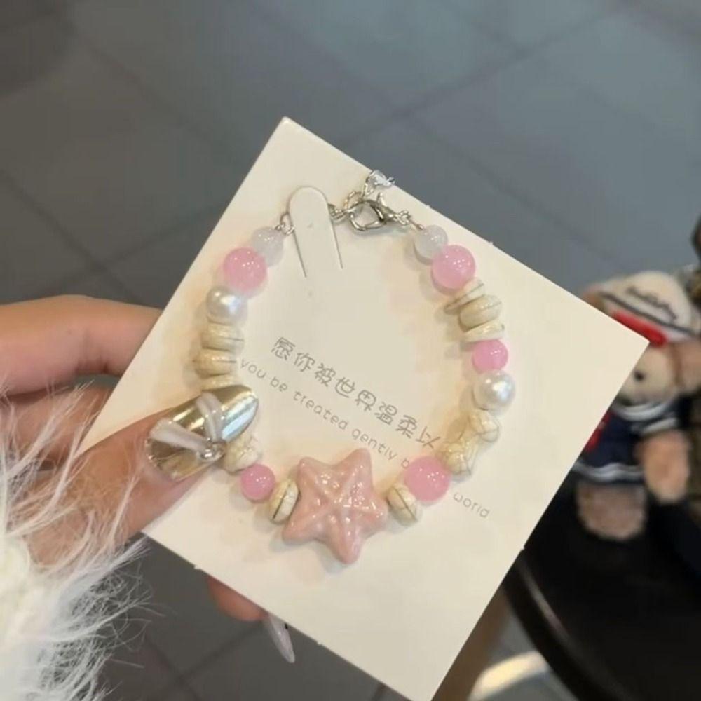 Y2K Colorful Beaded Bracelets Pink Blue Beaded Bangle Cute Starfish Bracelet Marine Accessories