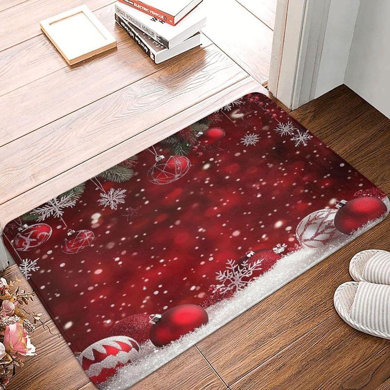 Christmas Entry Mat Burgundy Golden Light Snowflake Bokeh Print Durable Rug For Front Door Hallway Bedroom Home Decor