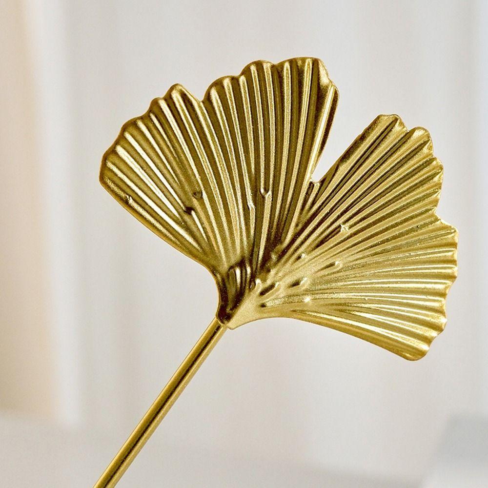 Gold Grey Iron Art Leaves Figurine Wood Base Desktop Ornament Living Room Ornamnet