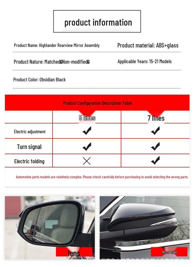 Зеркало заднего вида в сборе для Toyota Highlander 2015-2021: Оригинальное внешнее зеркало заднего вида с отражателем