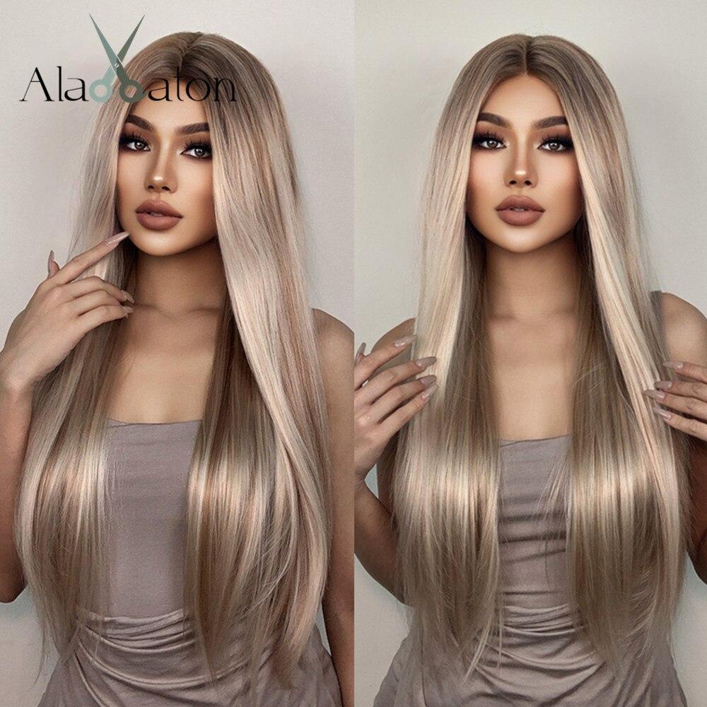 ALAN EATON Основные моменты Блондинка Парик фронта шнурка Длинный прямой синтетический парик Натуральная линия волос Светлые парики для женщин Высокая температура