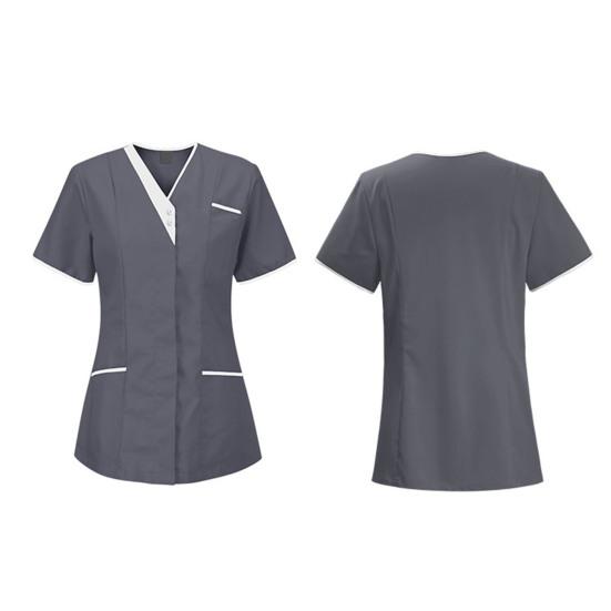 Топы для медсестер с v-образным вырезом и короткими рукавами, лоскутные цветные топы с карманами и пуговицами, декольте, топы для стоматологической хирургии, спецодежда