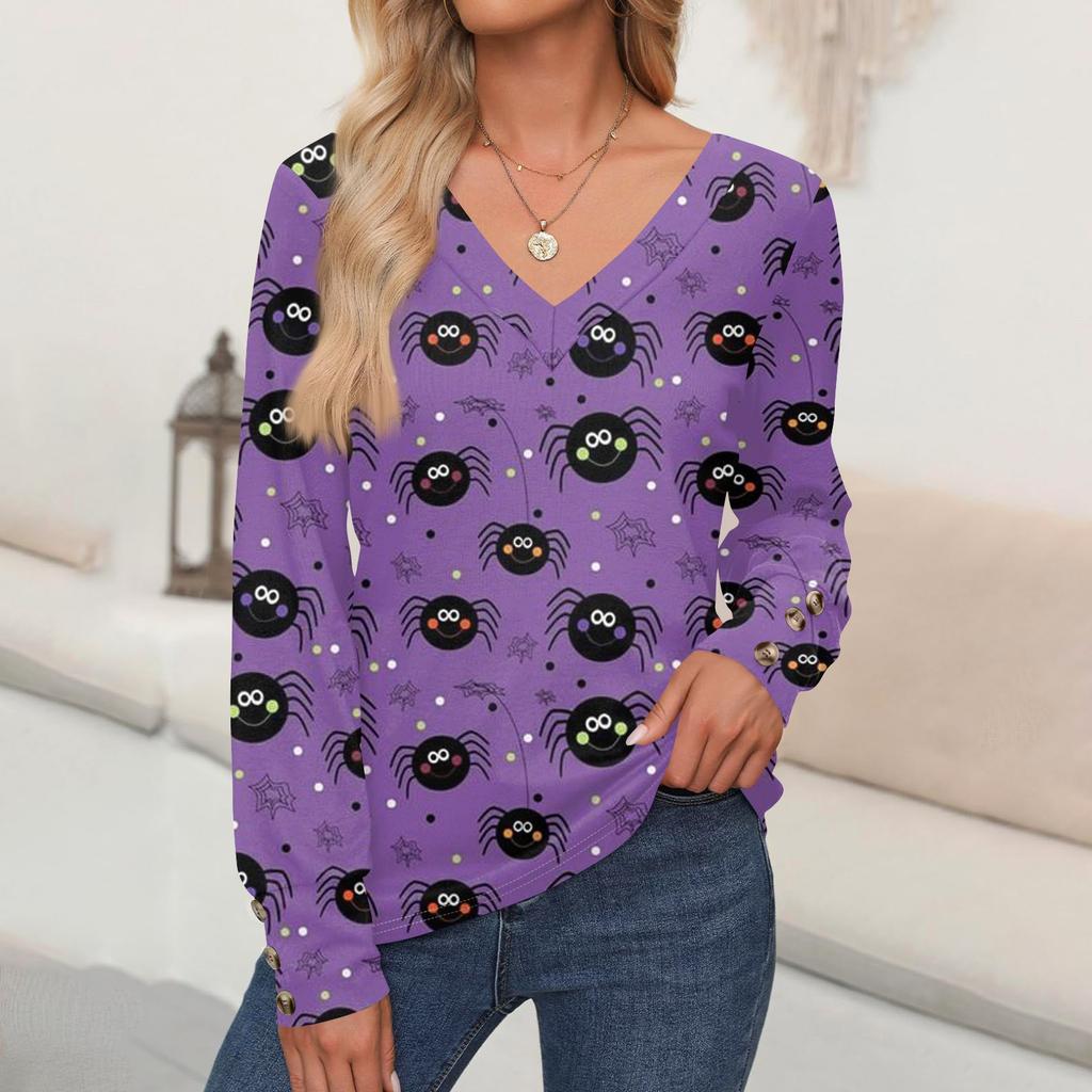 Women's Tops Halloween Printed Long Sleeve Shirt V Neck Casual Loose T-Shirt Autumn Clothing