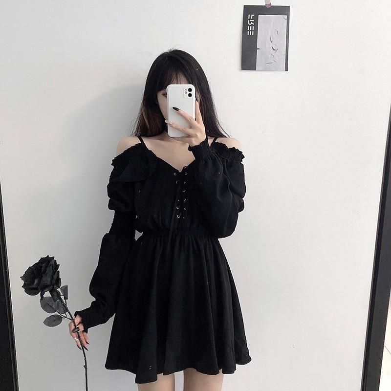 Women Dress Plus Size Lace Up Black Spring Autumn Sexy High Waist Femme Dresses Off Shoulder Long Sleeve Gothic Clothes