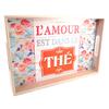 [Q0682] - Wooden Tray 'Love Is In Tea' Pink Blue Beige - 35x23x4. 5