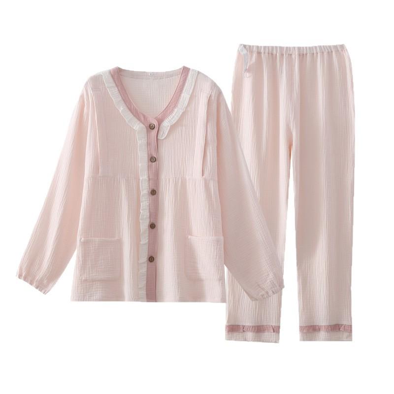 Pure cotton double-layer crepe cloth confinement clothes postpartum spring and summer sweat-absorbing and breathable sweet solid-color gauze pregnant
