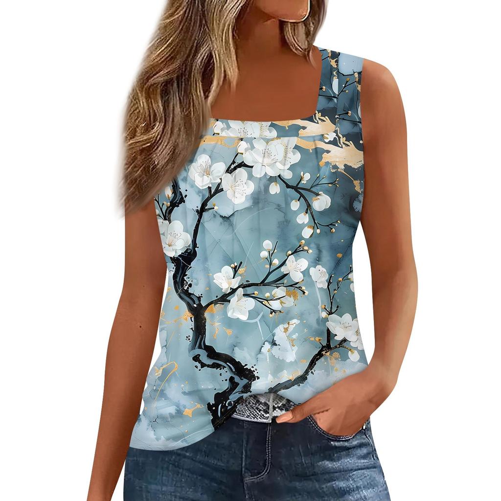 Square Collar Tank Top Women Print Tank Tee Casual Loose Fit Sleeveless Shirt