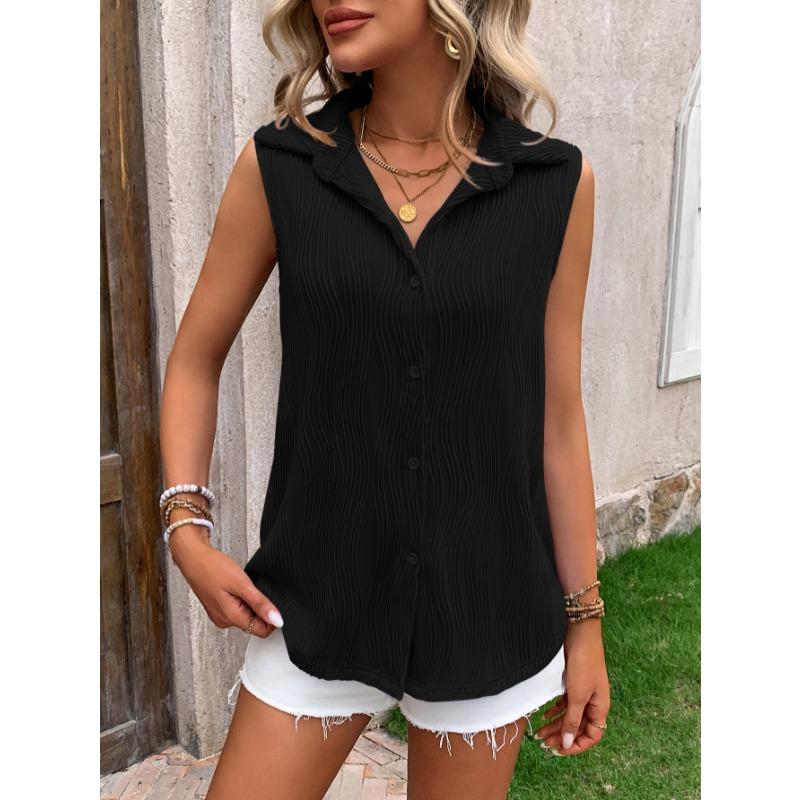 Летняя женская рубашка без рукавов, жилет на пуговицах, модная элегантная плиссированная рубашка, женская однотонная, с лацканами, простая свободная повседневная майка, женская одежда 3653