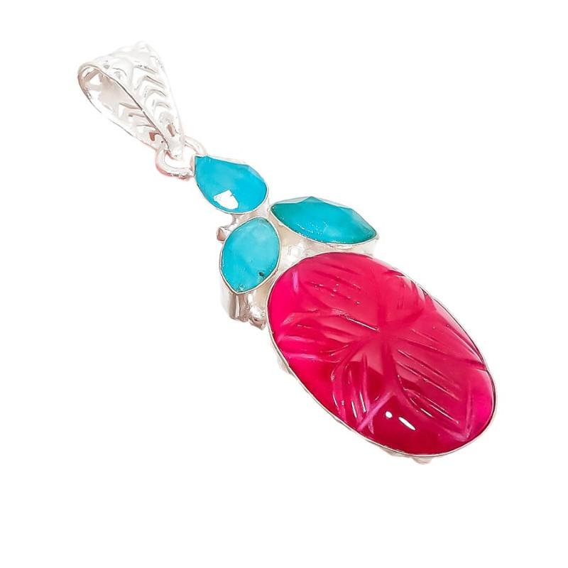 Kashmir Red Ruby, Emerald Gemstone 925 Sterling Silver Jewelry Pendant 2.76" AH-5215