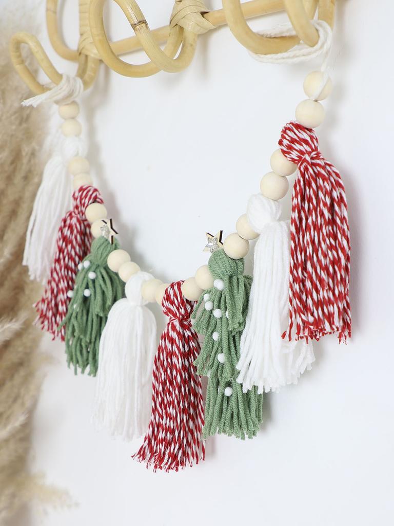 Бохо Рождественская гирлянда из деревянных бусин с кисточками, Рождественский камин, Настенное подвесное украшение для дома, Подвеска, Зимнее украшение для вечеринки