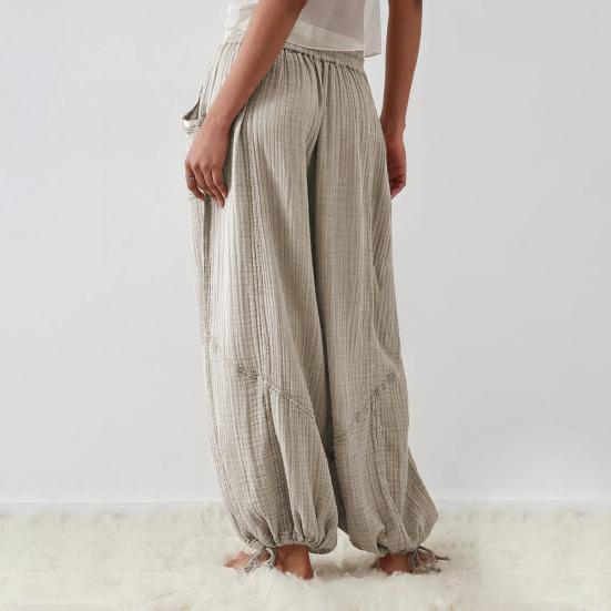 Women Pants High Elastic Waist Drawstring Wide Leg Loose Deep Crotch Pleated Ankle-banded Pockets Solid Color Soft Lady Casual Trousers