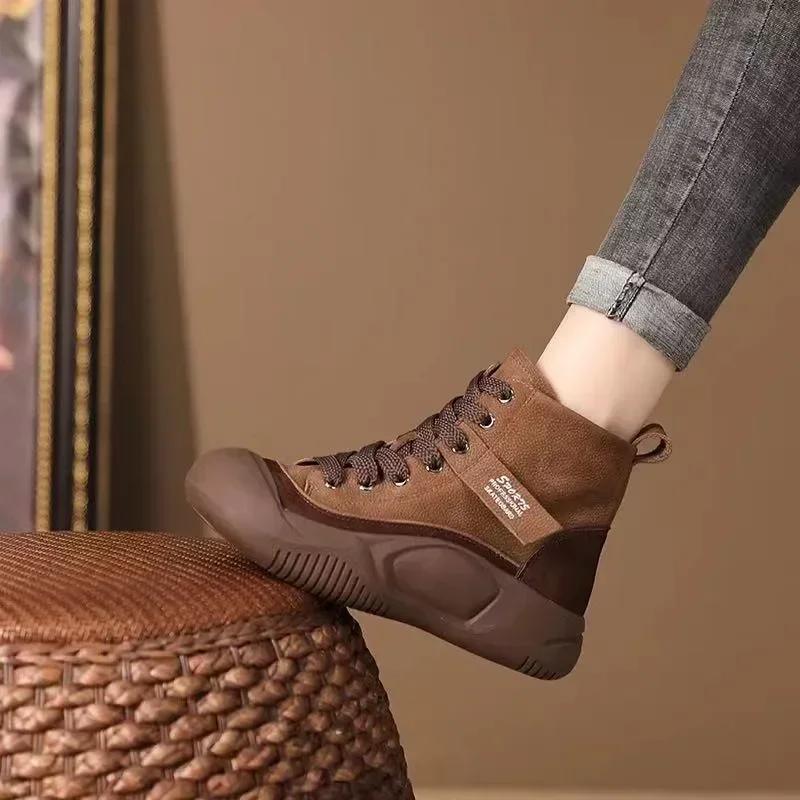 Fashion 2024 Women Vulcanized Shoes Autumn Women's High Top Sneakers Winter Lace-up Round Toe Casual Thick Sole Non-slip Women's Shoes