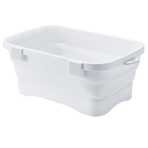 ISETO Kitchen Soft Tub, White, 6.6L, 37.8cm W X 24.0cm D X 5.2-14.7cm H, Made In Japan, Heat-Resistant (100C), Foldable, with Drain Plug, Hangable, W