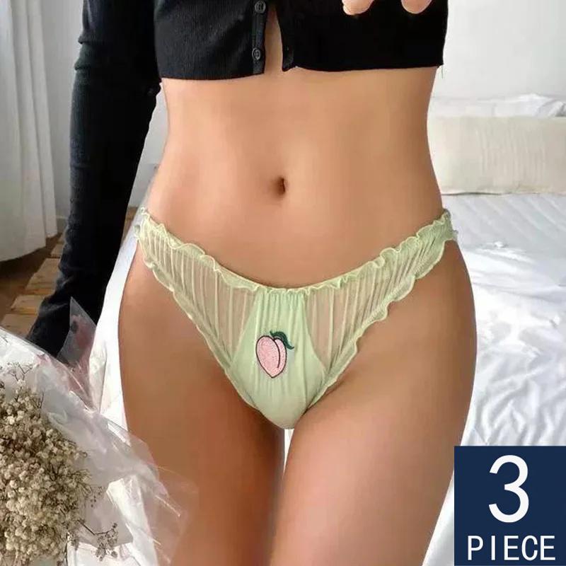 3PCS/Set Women Sexy Lace Lingerie Temptation Low-waist Panties Fruit Ins Embroidery Transparent Briefs Seamless Sweet Underwear