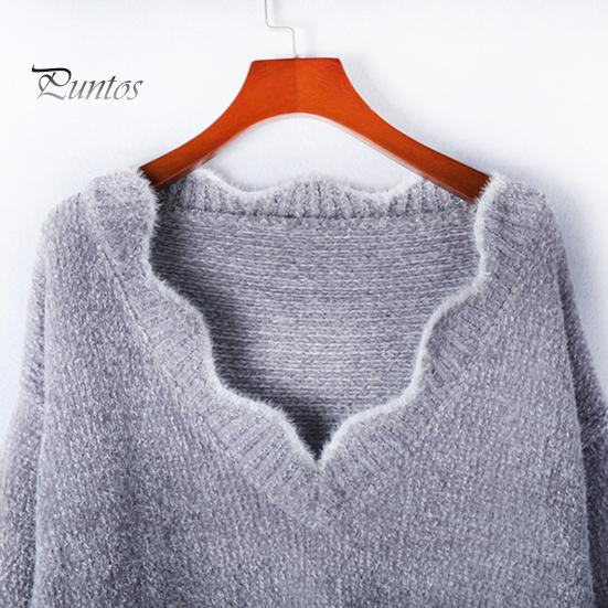 Женский свитер с длинным рукавом, свободный крой, V-образный вырез, вязаный свитер, женский повседневный джемпер, пуловер, топ для осени и зимы