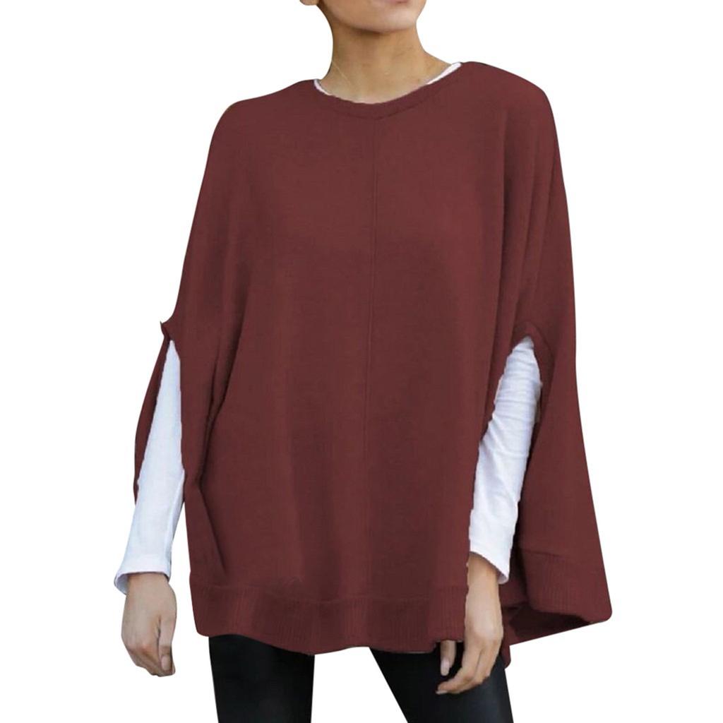 Women Fashion Solid Color Print Loose Hooded Sleeve Splitter Long Sleeve Top