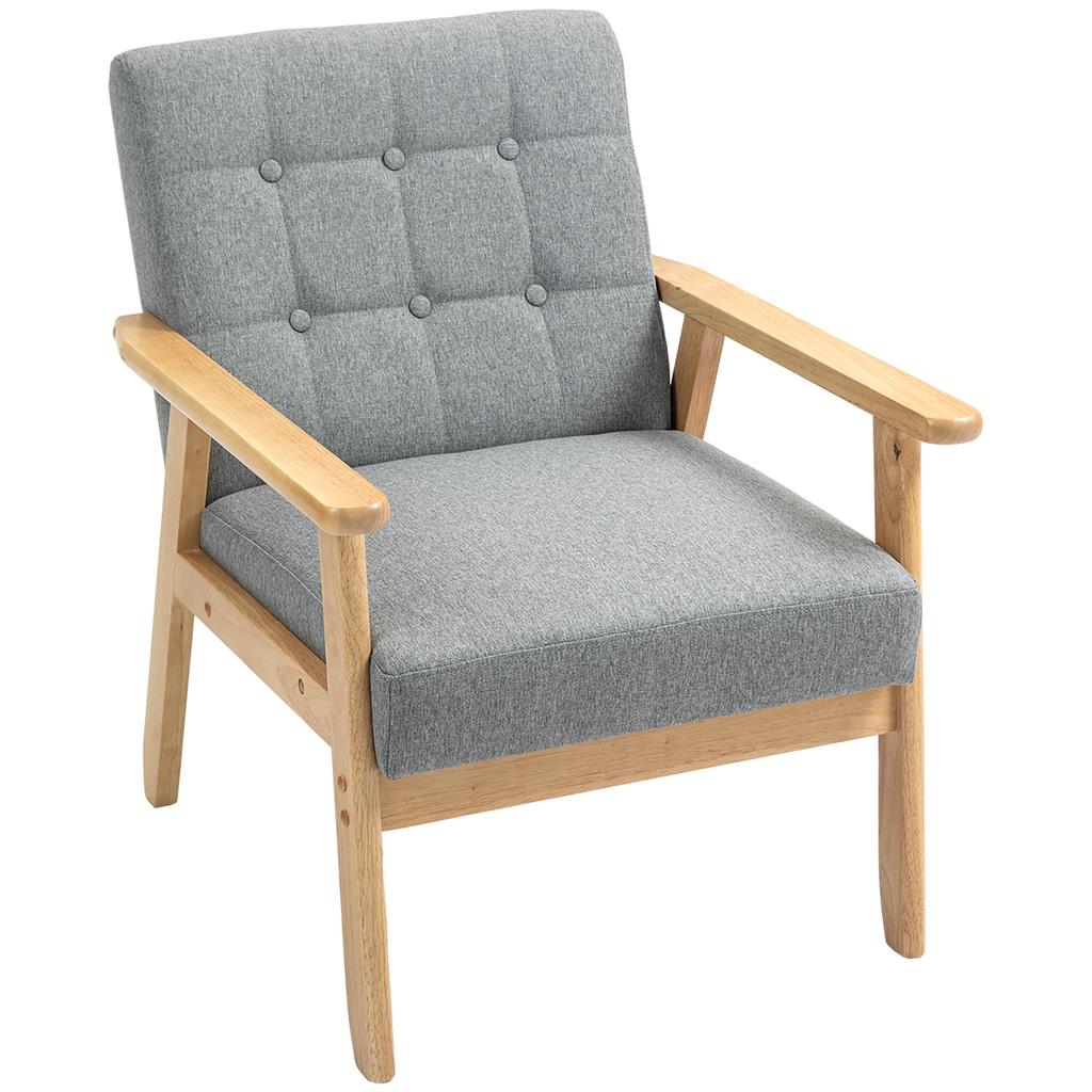 Living Room Armchair Upholstered in Linen with Armrests and Rubber Wood Frame Load 130 kg Light Gray