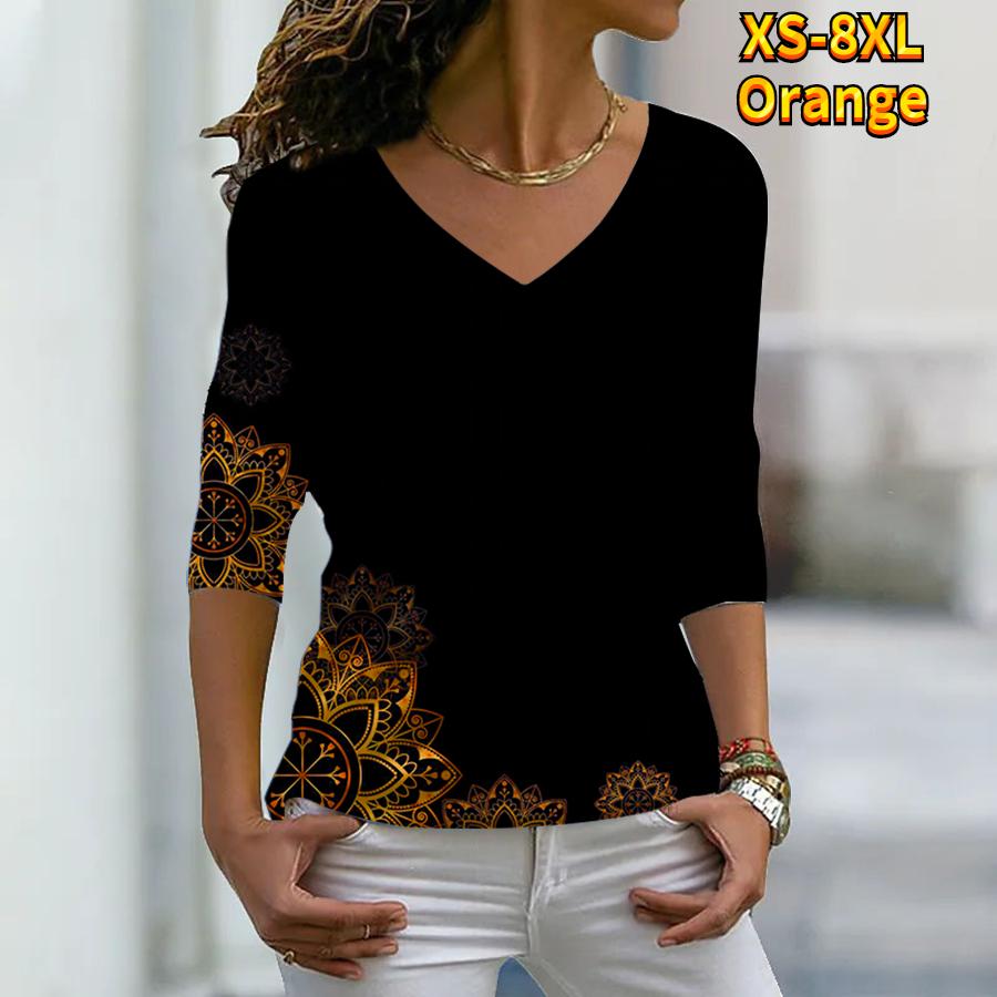 Женские осенние футболки с длинными рукавами с цветочным симметричным принтом подсолнечника, свободные футболки с v-образным вырезом размера плюс, топы, удобная блузка