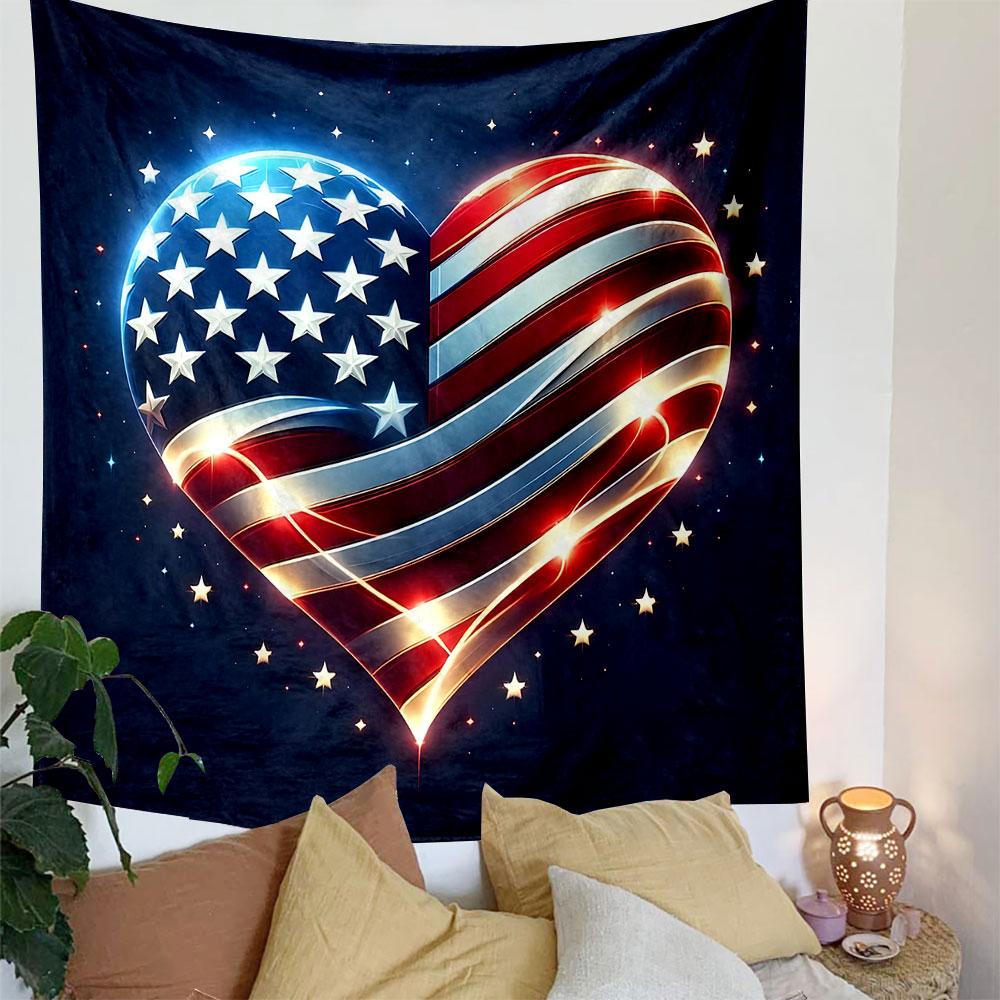American Flag Heart Design Patterned Tapestry Decorative Wall Hanging, Home Bedroom Living Room Decor