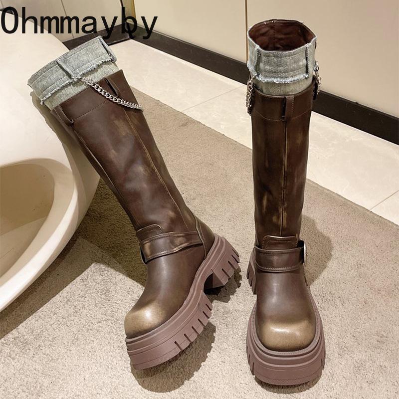 Fashion Platform Women Knight Knee High Boots Fashion Slip On Belt Buckle Long Boots Autumn Winter Women's Thick Heel Shoes
