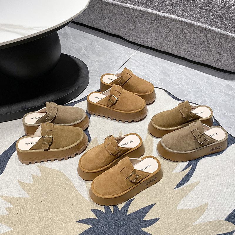 Обувь Gu Yun Boken, сумка, головка, полуподнос, женская обувь, осень, новинка, кекс, толстая подошва, увеличение высоты, ленивые, одна педаль, иностранные тапочки