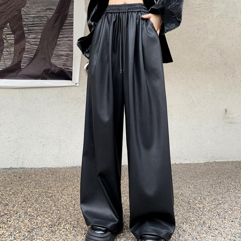 Модные уличные черные широкие брюки из искусственной кожи, женские однотонные прямые свободные повседневные брюки, женские элегантные облегающие винтажные женские брюки с высокой талией 25620