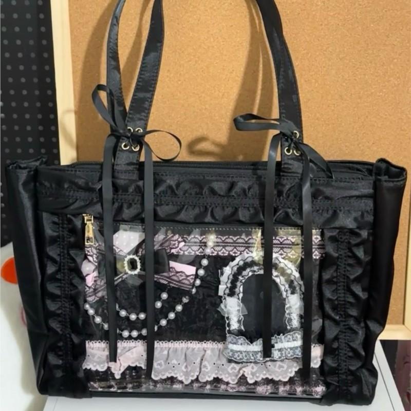 Japanese Sweet Cute Satin Bow Tie Shoulder Bag Women Transparent Badge Anime Ita Bag Ladies Large Capacity Square Handbag 2025