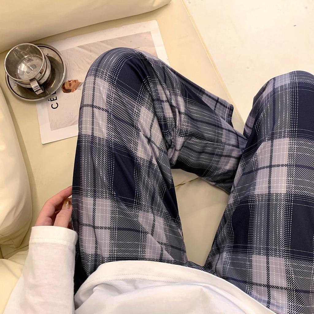 Women's Plaid Pajama Trousers: Comfortable, Loose-Fitting, Thin, Anti-Mosquito, Suitable for Home or Outdoor Wear with Wide Legs.