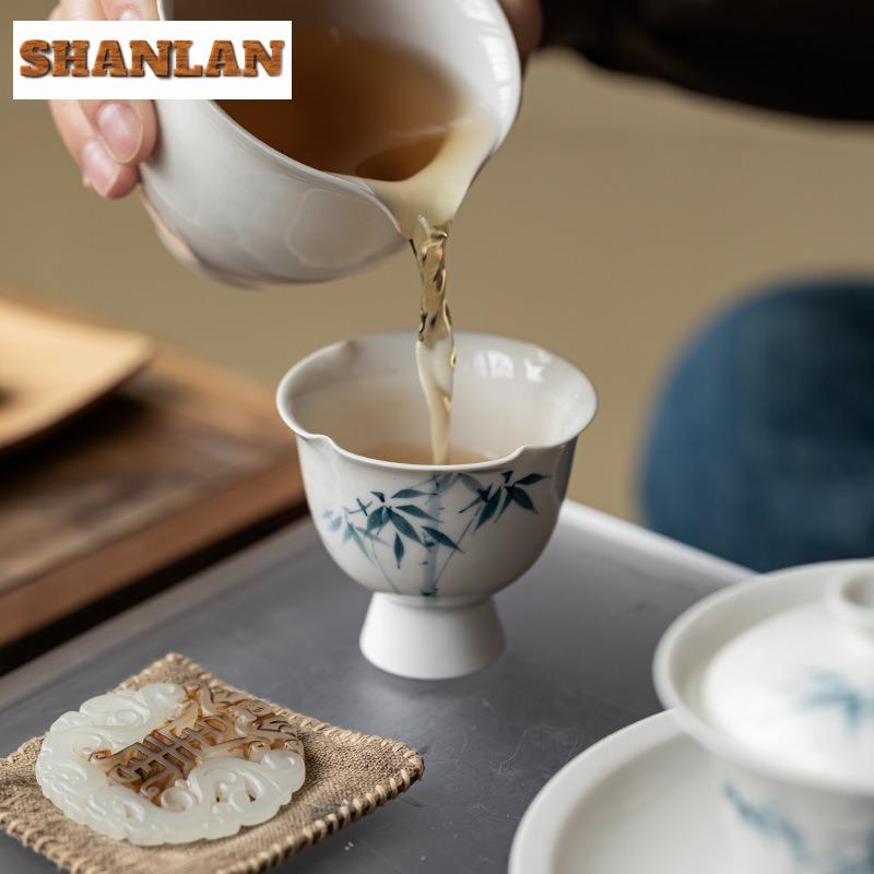 2pc/lot Hand Drawn Blue Bamboo Teacup High Foot Tea Bowl Water Jug Tea-tasting Personal Cup Jianzhan Master Cups Teaware 70ml